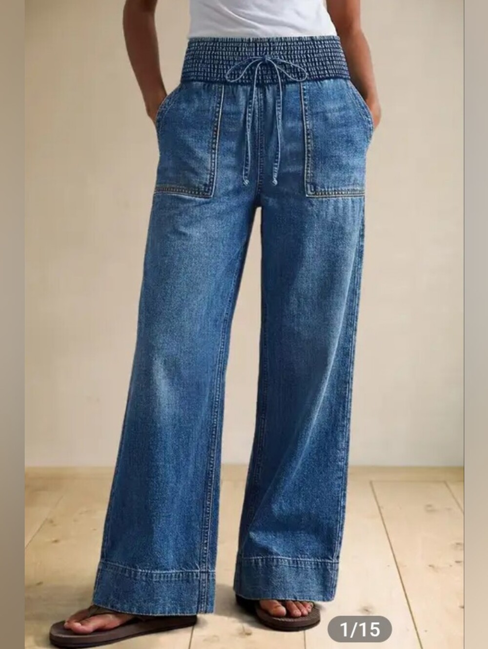 Wide Leg Denim Jeans with Smocked Waist - Blue